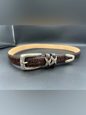 Brighton Brown Croc-Embossed Leather Belt with Silver Accents